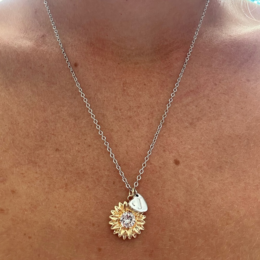Sunflower Pendant And J Heart Charm Necklace in Gold and Silver